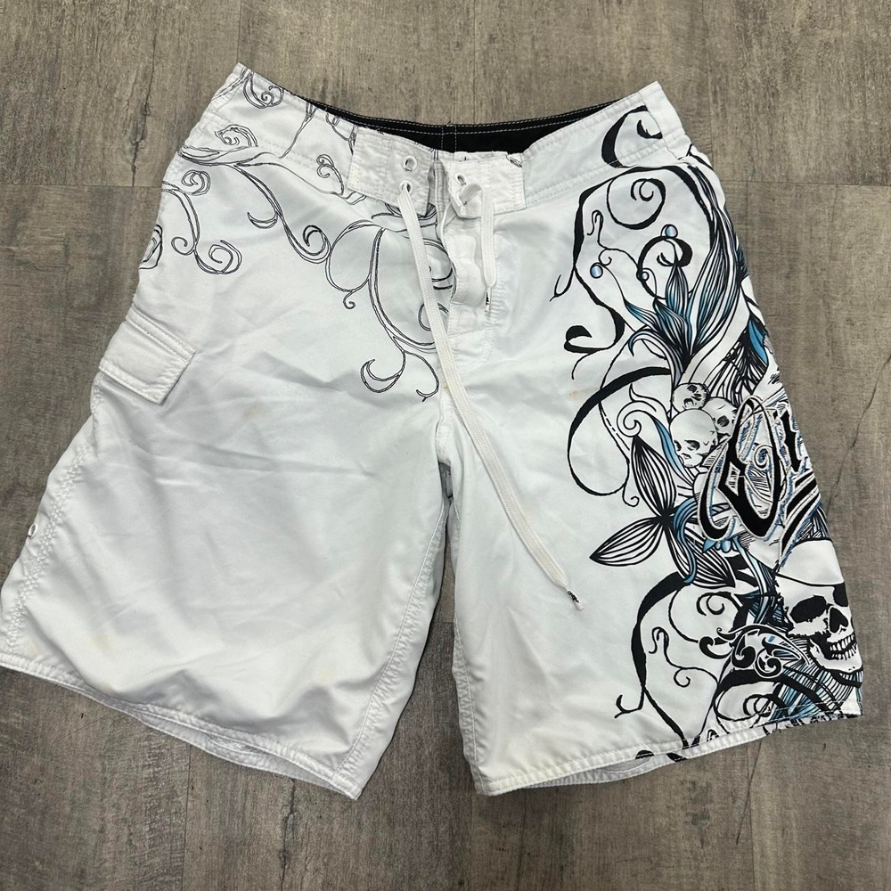 O'neill Y2K White Skull Graphic Board Shorts Waist Size 30